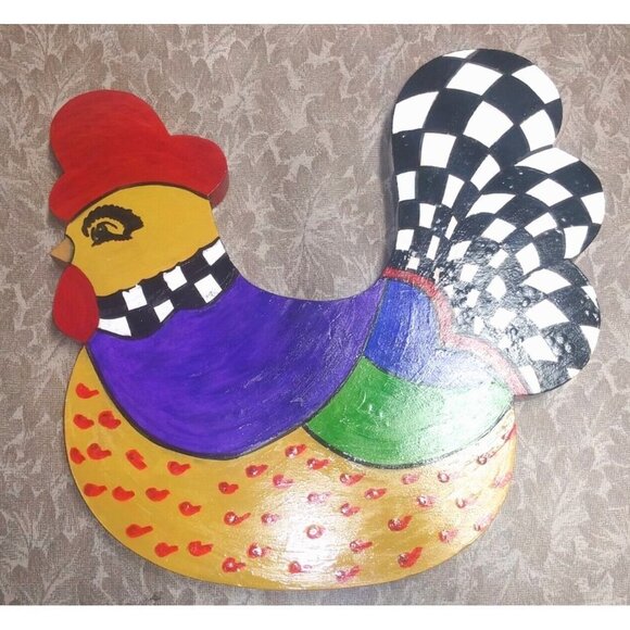 whimsical Rooster Figurine wood wall-hanging Multicolor & black white checkered - Picture 2 of 15